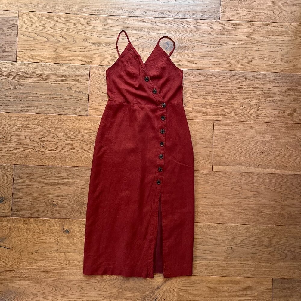 Rust Colored Midi Linen Blend Dress size Medium Adjustable Spaghetti Strap